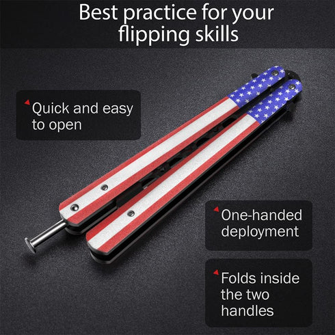 GOOD WORKER Butterfly Trainer – American Patriot Balisong – Practice Butterfly Knife – Butterfly Knives NOT Real NOT Sharp Blade – USA Flag Dull T...