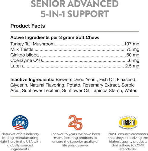 NaturVet Senior Advanced 5-in-1 Support Dog Supplement – Helps Support Immune System, Heart, Liver, Cognitive Function, Eye Health – Includes Gink...