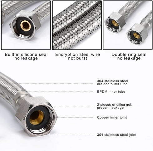 Faucet Line Connector Braided 304 Stainless Steel Supply Hose 1/2" I.P. Female Thread to 1/2" I.P. Female Straight Thread Faucet Hose Replacement ...