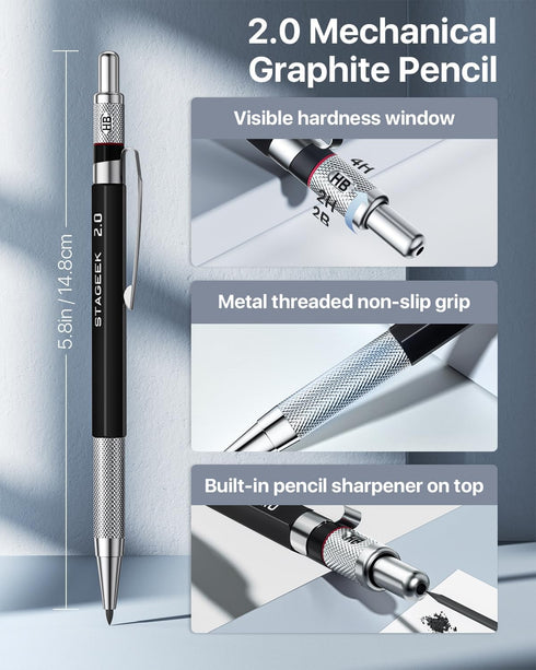 6PCS Art Mechanical Pencil Set, Drafting Pencil 5 Sizes- 0.3, 0.5, 0.7, 0.9MM & 2PCS 2.0MM Mechanical Drawing Pencils with 492PCS Leads (HB 2H 2B ...