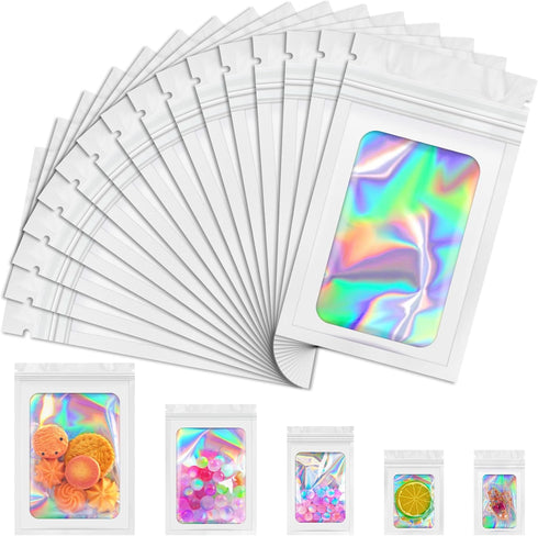 JETMORE Mylar Bags, 100 PCS Holographic Bags, White Smell Proof Bags with Front Window, Small Business Packaging Supplies, Resealable Bags for Foo...