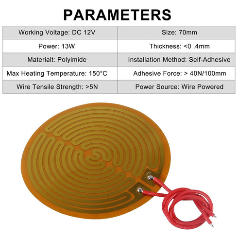 15pcs 70mmx70mm Film Heater Plate Adhesive Pad, PI Heating Elements Film 12V 13W Strip Heater Adhesive Polyimide Heater Plate (12V 13W 70mmx70mm)...
