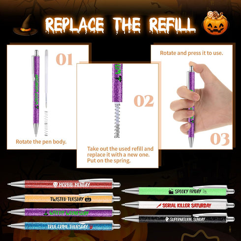 Sherr 7 Pcs Halloween Weekday Pens Days of the Week Pens Glitter Fancy Funny Ballpoint Pens with 10 Pcs Black Ink Refills Mood Cute Pen Gifts for ...