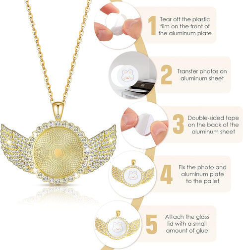 Hicarer 60 Pcs Sublimation Angel Wing Jewelry Blanks Set Rhinestone Bezel Pendant Trays Glod and Silver Sublimation Necklace Blank with Chain Set ...