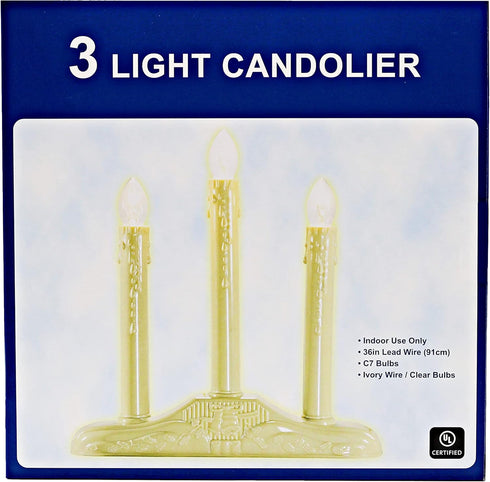 Creative Hobbies 3 Light Electric Candolier Indoor Christmas Candle Lamp, Ivory Plastic with Clear C7 Incandescent Light Bulbs...