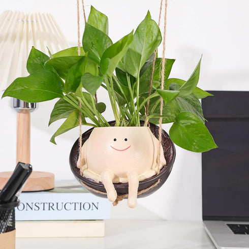 Smiley Face Planter Pot, Hanging Swing Chair Flower Head Resin Planters for Indoor Outdoor Plants Succulent Pots for String of Pearls Plant Live G...