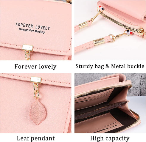 FuninCrea Crossbody Phone Bag, PU Shoulder Bag With Zipper, Mobile Phone Wallet Bags with Three Layers Metal Leaves...