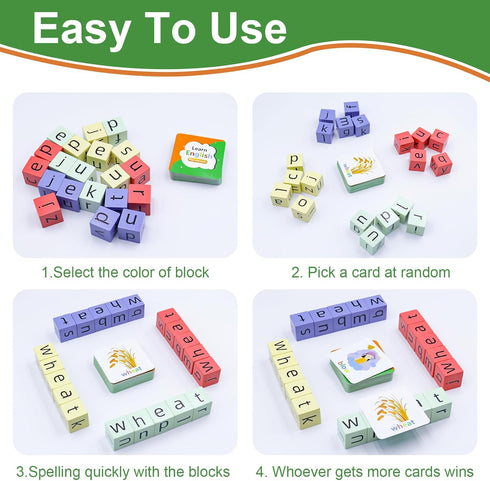 Word Spelling Game, Matching Letter Game for Kids, Fast-paced Word Race Cube Game, 54pcs Flash Cards Alphabet Blocks, Preschool Learning Education...