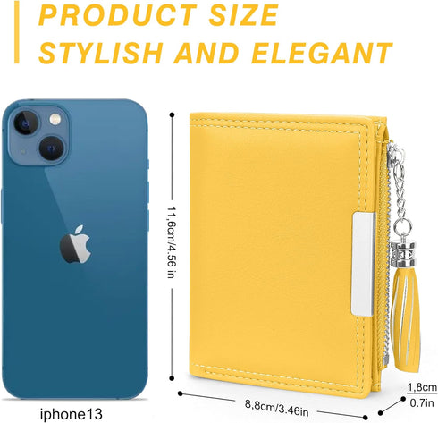 Small Wallet for Women, Leather Compact Bifold Womens Wallet with Zipper Coin Purse (Tasseled Zipper, Yellow)...