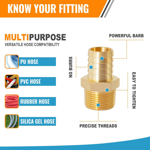 SUNGATOR Hose Barb Fittings 5/8 Inch Barb × 1/2 Inch NPT, Brass Air Hose Barb Fittings, 5/8" Barb to 1/2" NPT Male Hose to Pipe Fitting Adapter Co...