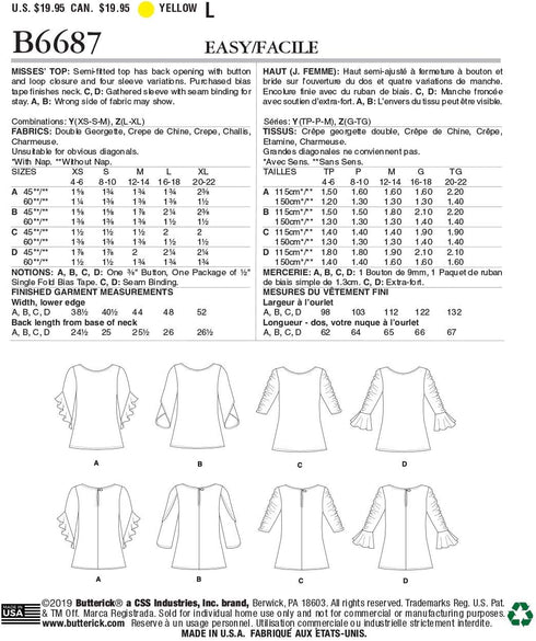 Butterick B6687Y Easy Women's Semi-Fitted Shirt Sewing Patterns, Sizes 4-14, White...