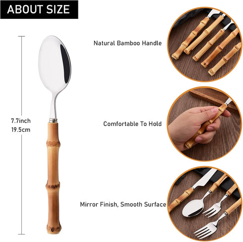 8-Piece Natural Bamboo Dinner Spoon Set, Stainless Steel Spoons with Bamboo Handle for Home Kitchen Restaurant, Mirror Polished Spoons With Bamboo...