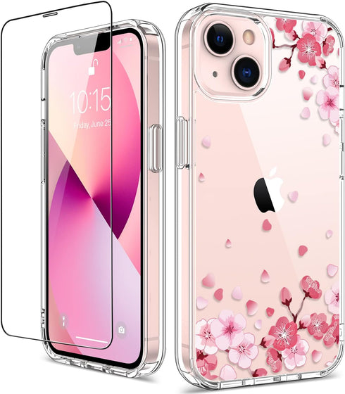 GiiKa for iPhone 13 Case with Screen Protector, Clear Full Body Protective Floral Girls Women Shockproof Hard Case with TPU Bumper Cover Phone Cas...