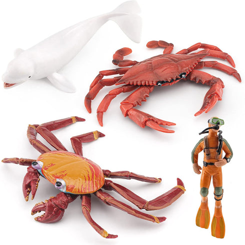 Ocean Sea Marine Animal Figure Toys Playsets 4 PCS Diver White Whale Crab Sally Crab Model Toy Desktop Decoration Collection Party Favors Toys for...