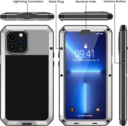 Lanhiem for iPhone 13 Pro Max Metal Case, Heavy Duty Shockproof Tough Rugged Case with Built-in Glass Screen Protector, 360 Full Body Protective C...