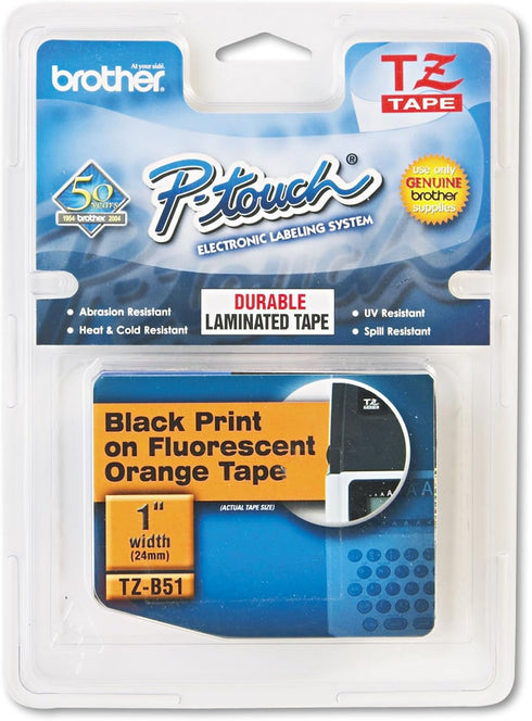 Brother Genuine P-touch TZE-B51 Tape, 1" (0.94") Wide Standard Laminated Tape, Black on Fluorescent Orange, Laminated for Indoor or Outdoor Use, W...