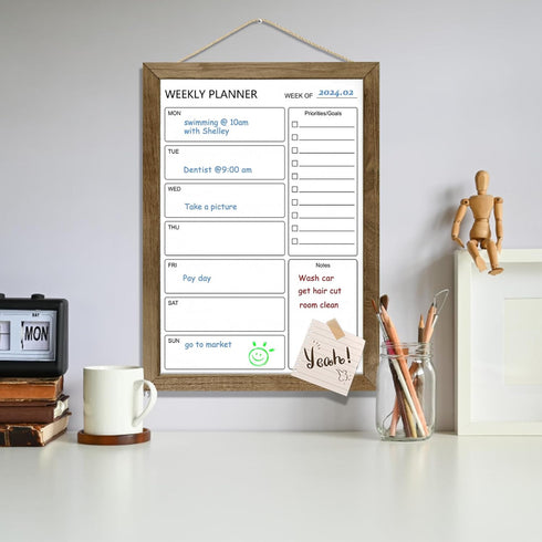 Dry Erase White Board &Weekly Calendar Board, Magnetic Whiteboard for Wall,10.5“x14.5" Solid Wood Rustic Brown Framed Message Board, Planner Board...