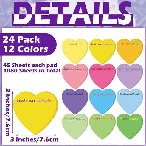 Teling 24 Pieces Inspirational Sticky Notes Graduation Gift Heart employee gifts Cute Sticky Note Pads Gifts for Reminder Work Studying 3x3 inch(V...
