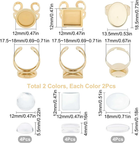 SUNNYCLUE 24Pcs DIY 12 Sets Finger Ring Blanks Ring Bezel Trays Adjustable Stainless Steel Ring Base Rings Blank Components Set Pad Ring Settings ...
