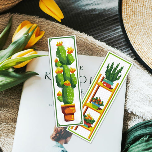 ORIGACH 6 Set Green Plants Cross Stitch Bookmark Kit for Beginner with Backing Felt Floss Instructions DIY Stamped Embroidery Bookmark Kit for Adu...
