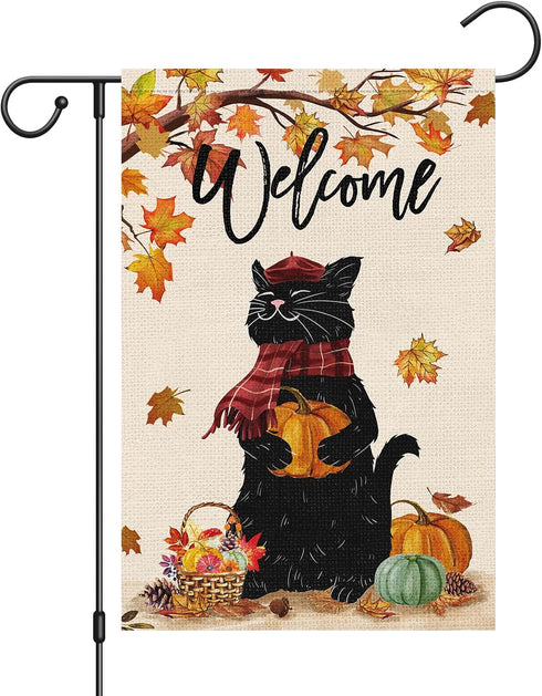 Welcome Fall Garden Flag 12 x 18 Inch Double Sided Burlap, Black Cat with Pumpkins Garden Flags, Maple Leaves Autumn Banners for Seasonal Yard Tha...