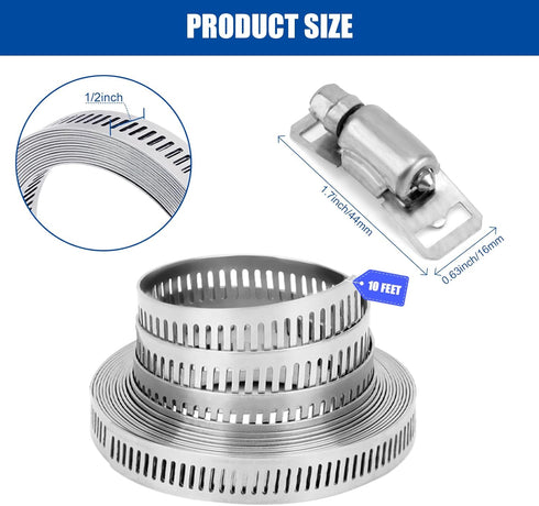 Hose Clamps10FT Metal Strapping+10 Fasteners DIY Cut-To-Fit 304 Stainless Steel Band Clamps Adjustable Large Worm Gear Hose Clamps Assortment Kit ...