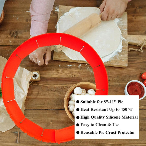 Adjustable Silicone Pie Crust Shields Baking Protectors Cover Ring Fits 8-11.4 Inch Pies Baking Pie Crust Shield Protector Cover for Edges (Red-1P...