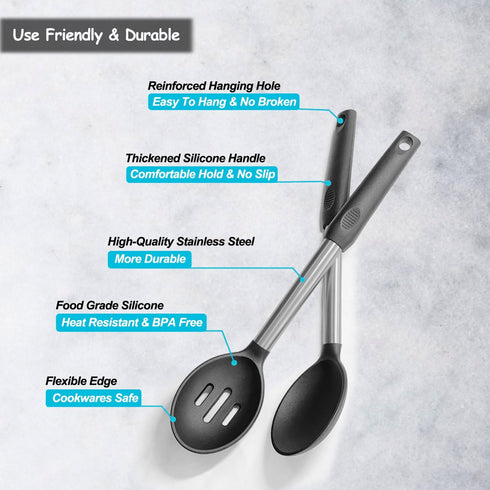 Pack of 2 Large Silicone Cooking Spoons,Non Stick Solid Basting Spoon,Heat-Resistant Kitchen Utensils for Mixing,Serving,Draining,Stirring (Black)...