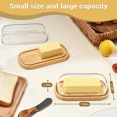 Butter Dish with Lid, Bamboo Butter Holder, Butter Container Holds for East/West Coast Butter, Dishwasher Safe...