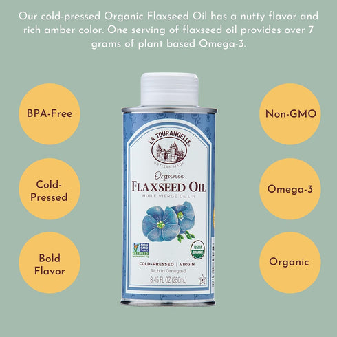 La Tourangelle, Organic Flaxseed Oil, Essential Omega-3 to Improve Heart Health, Vegan, Non-GMO, Gluten-Free, Kosher, Cast Iron Seasoning, 8.45 Fl...