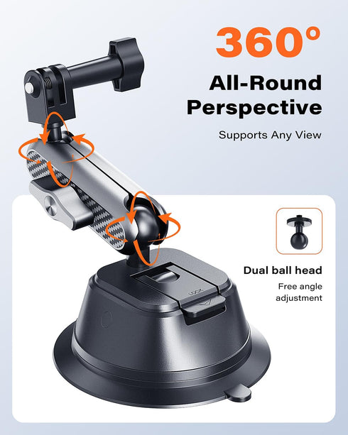 Suction Cup Mount for Gopro iPhone, Anti-Shake Metal Arm Car Camera Mount with 1/4 Thread & Phone Holder, Car Boat Windshield Window VLOG/Video Ho...