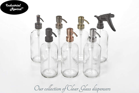 Industrial Rewind Clear Glass Soap Dispenser with Brass Metal Pump and Non Slip Coaster - 16oz Refillable Liquid Soap Dispenser Pump Bottle for Ba...