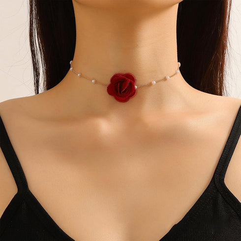 Rose Flower Choker Necklace Vintage Pearl Choker Necklace for Women Floral Choker Rose Choker Bride Wedding Party Summer Necklace (Red)...
