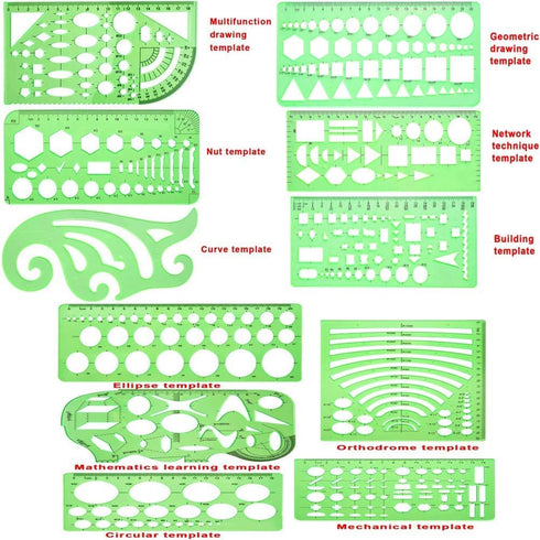 11 Piece Geometric Drawing Template Measuring Ruler, Transparent Green Plastic Ruler with Portable Plastic Bag for, for Studying, Designing and Bu...