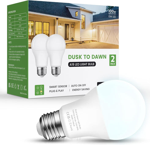 Dusk to Dawn Light Bulbs, 100W Equivalent Outdoor Light Bulbs, 5000K Daylight White, A19 E26 Light Sensor LED Bulb Automatic On Off Photocell for ...