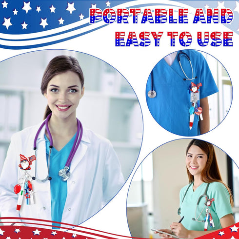 6 Pcs Nurse Pen Set Include 4th of July Gnome Retractable Nurse Badge Reel Highlighter Permanent Marker Retractable Ball Pen LED Flashlight Keycha...
