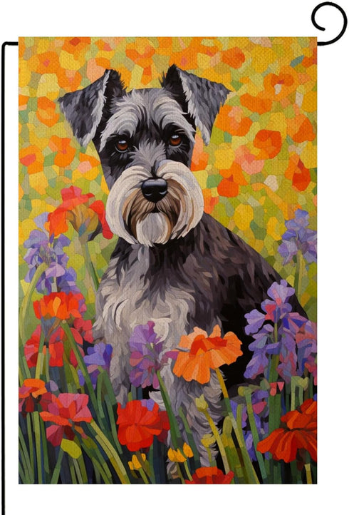Schnauzer Welcome Spring Garden Flag 12x18 Double Sided, Burlap Small Daisy Pansy Flower Garden Yard House Flags Outside Outdoor Summer Porch Lawn...