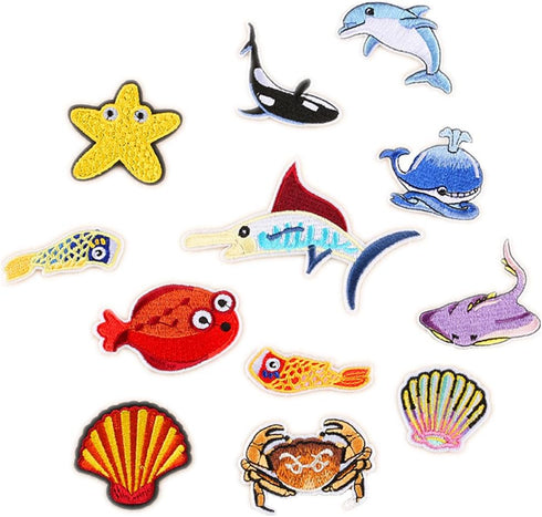 Assorted 27pcs Marine Creatures Iron on Patches Shark Whale Dolphin Clams Shell Crabs Seahorses Starfish Manta Ray Octopus Embroidered Patches App...