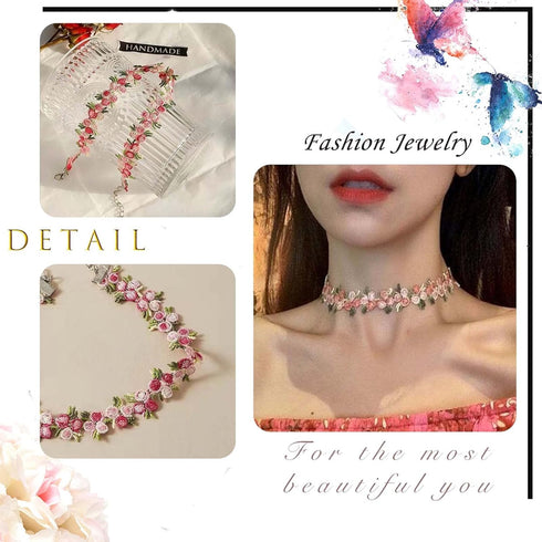 Boho Flower Lace Choker Necklace Pink Rose Choker Chain Vintage Floral Choker Collar Jewelry for Women Teen Girls...