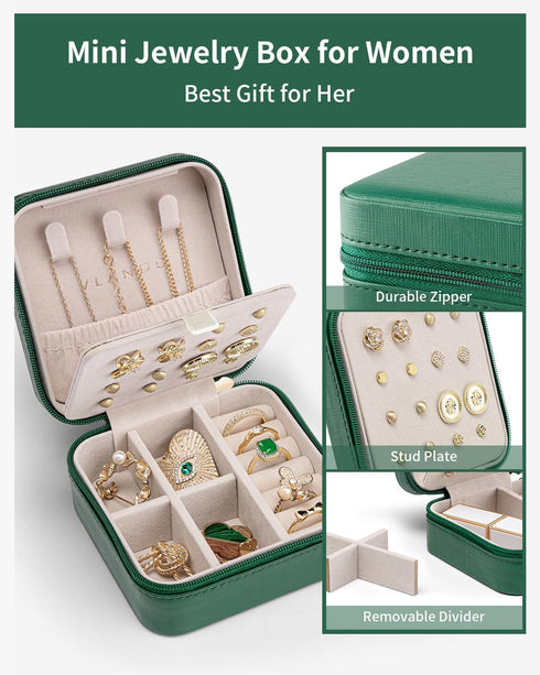 Vlando Travel Jewelry Case, Small Travel Jewelry Organizer Box for Girls Women - Dark Green...
