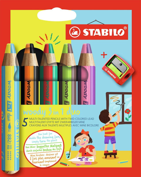 STABILO Multi-Talented Pencil woody 3 in 1 duo - Pack of 5 - Assorted Colors with Sharpener...
