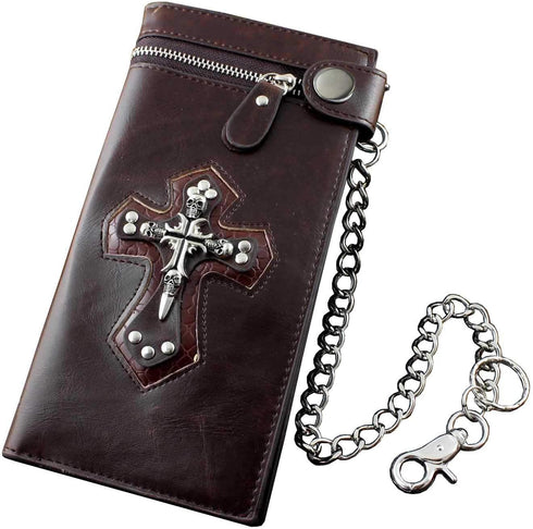 Mens Boys Skull Gothic Cross Zipper Checkboot Long Leather Biker Wallet With Chain...