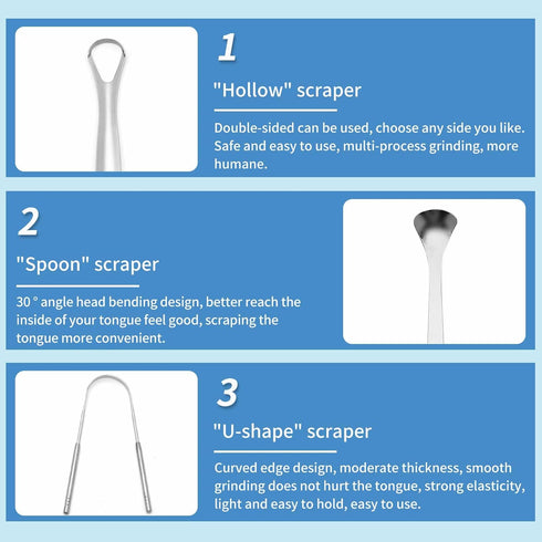 Tongue Scraper (3 Pack), Bad Breath Treatment Tongue Scraper for Adults, Medical Grade 100% Stainless Steel for Oral Care, Easy to Use Tongue Clea...