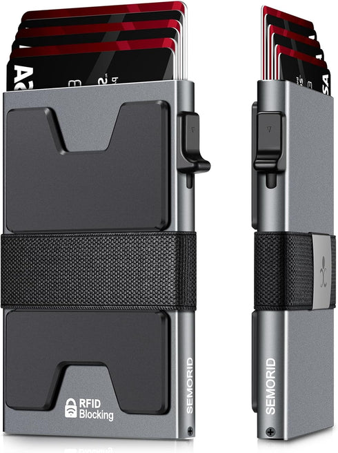 Slim Aluminum Card Holder Wallet for Men, Durable Expandable Backplate, RFID Blocking Minimalist Metal Pop Up Wallet, Holds 12 Cards Plus Cash (Gr...