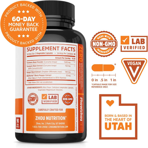 Zhou Turmeric Curcumin and Ginger with Bioperine 1800 mg | Extra Strength Antioxidant for Maximum Joint Comfort and Mobility | Non-GMO | 30 Servin...