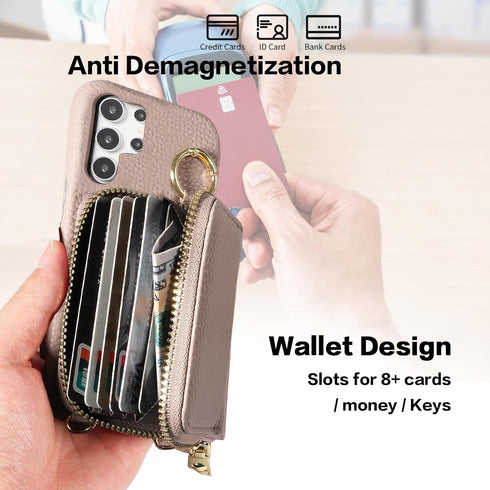 Furiet Wallet Case for Samsung Galaxy S22 Ultra 5G with Shoulder Strap Ring Buckle, Luxury PU Leather Zipper Flip Organ Purse, Card Holder Stand P...
