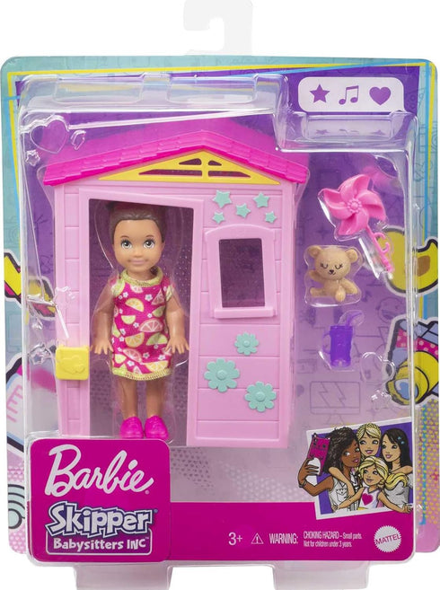Barbie Skipper Babysitters Inc. Accessories Set with Small Toddler Doll & Pink Playhouse, Plus Pinwheel, Teddy Bear & Cup, Gift for 3 to 7 Year Ol...