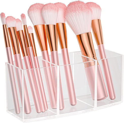 Clear Makeup Brush Organizer, Acrylic Cosmetic Brushes Storage with 3 Slots,Perfect Pen Holder for Desk...