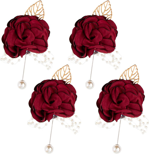 AUEAR, 4 Pack Wine Red Rose Groom Flowers Boutonniere Pearl Groomsmen Brooch for Party Decoration Party Decoration...
