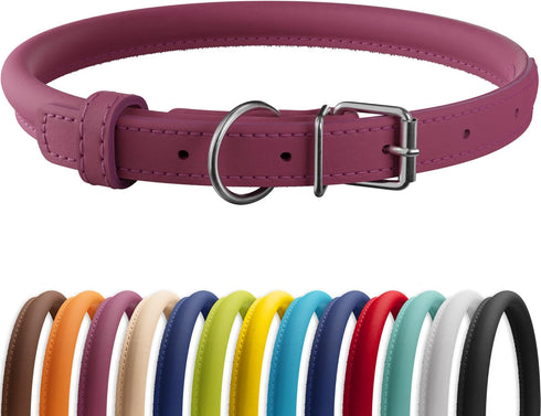 CollarDirect Rolled Leather Dog Collar, Soft Padded Round Puppy Collar, Handmade Genuine Leather Collar Dog Small Large Cat Collars 13 Colors (8-1...
